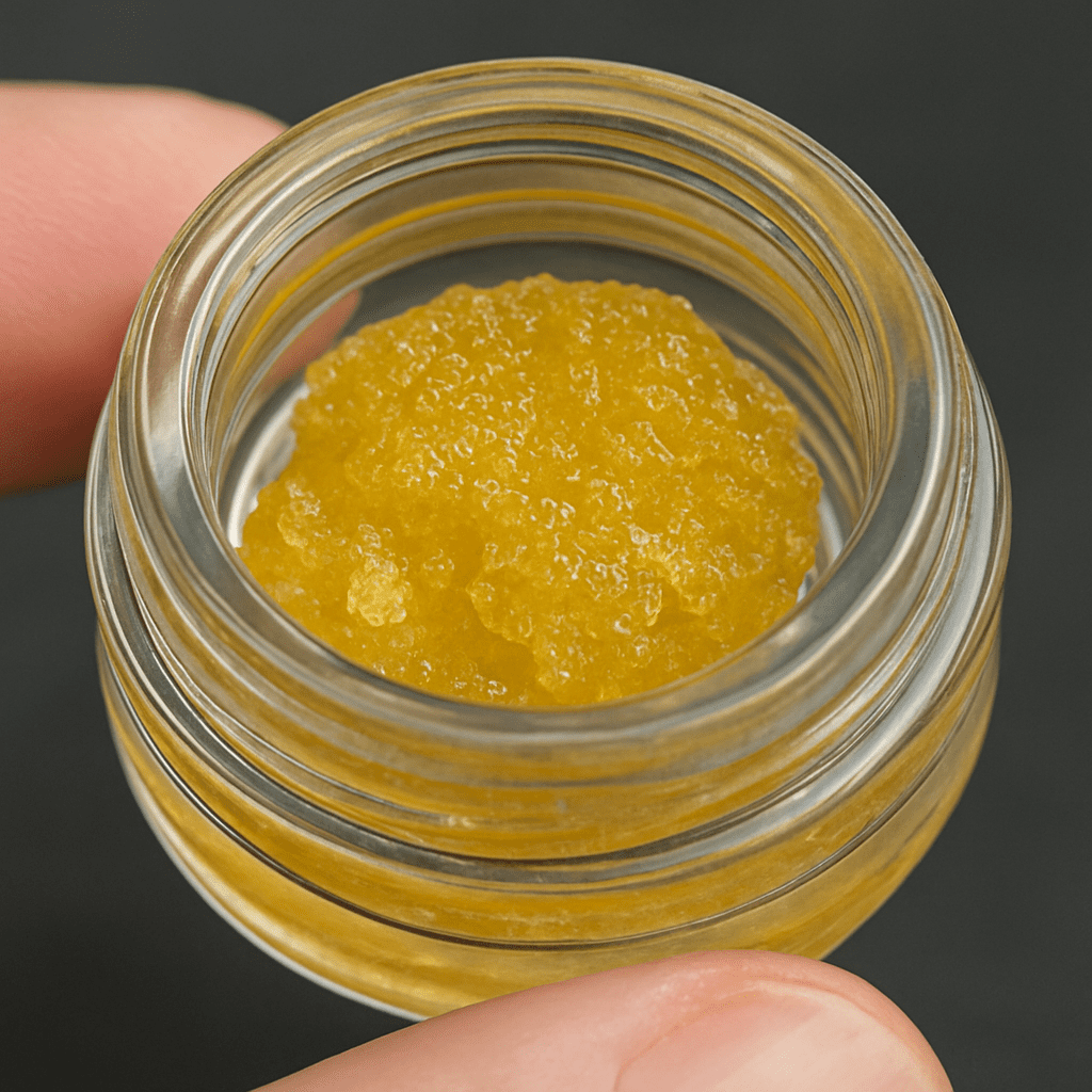 Close-up of live resin concentrate in a clear glass jar, showing its golden texture.