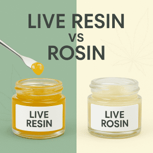 Graphic showing a jar of live resin and a jar of live rosin with a dab tool, labeled Live Resin vs Rosin.