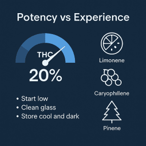 Square infographic with a THC potency gauge set to 20 percent, terpene icons for limonene, caryophyllene, and pinene, and tips that read start low, clean glass, store cool and dark.