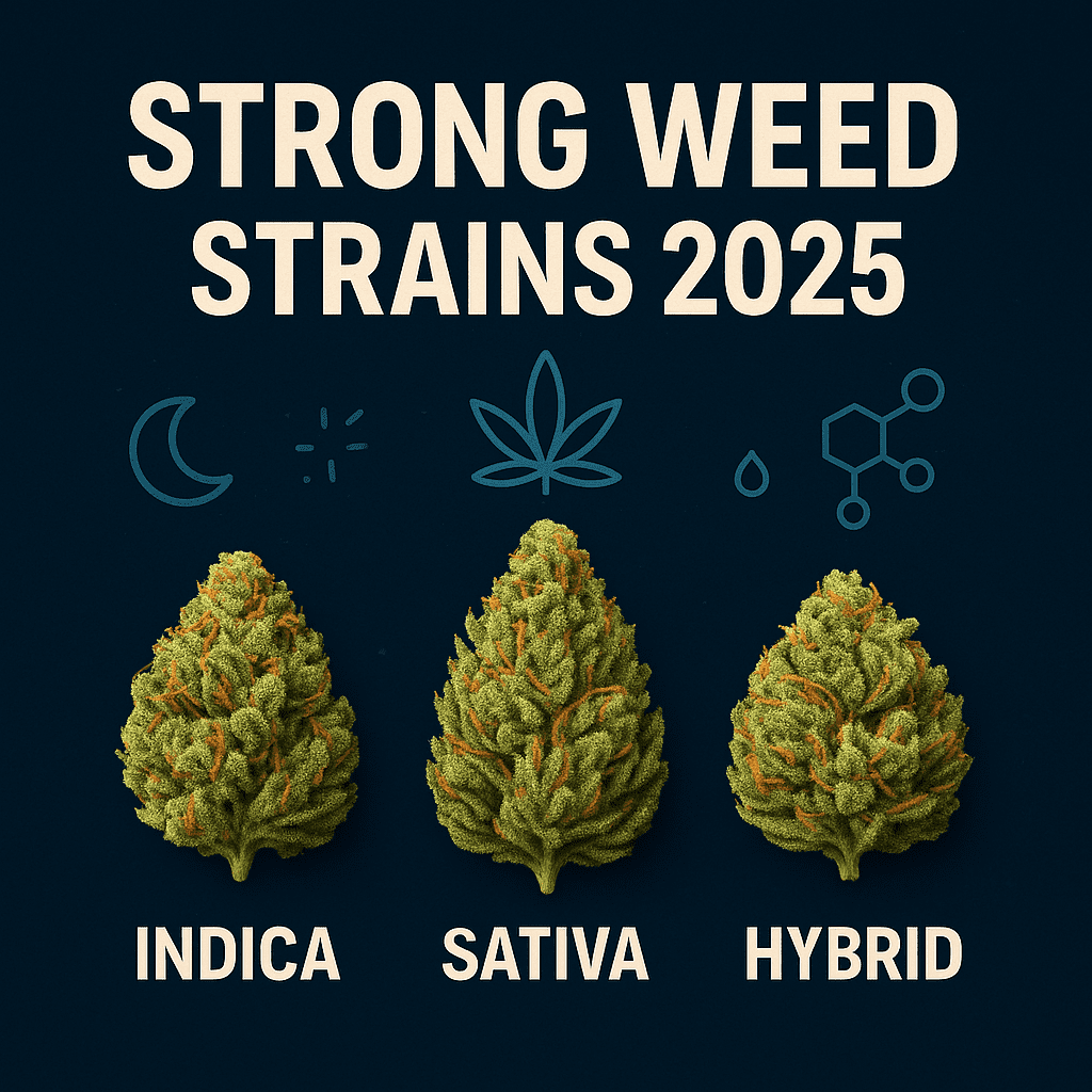 Square graphic titled Strong Weed Strains 2025 with three cannabis buds labeled Indica, Sativa, and Hybrid on a dark blue background with simple icons.