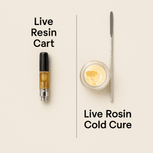 Live resin 510 vape cartridge beside a jar of live rosin cold cure with a metal dab tool.
