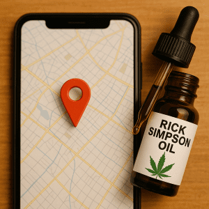 Overhead view of a smartphone map marked with a red pin beside a Rick Simpson Oil dropper and bottle