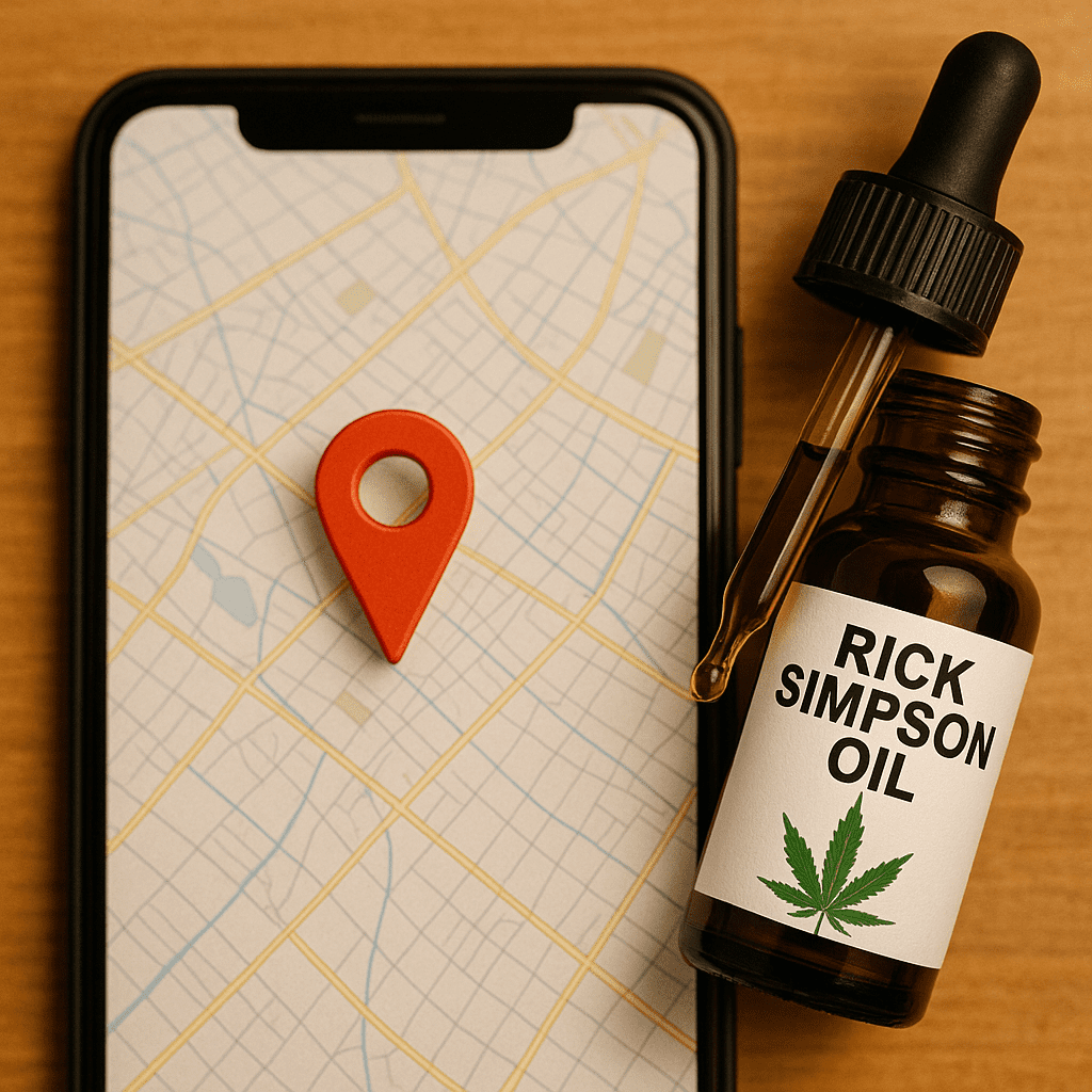 Overhead view of a smartphone map marked with a red pin beside a Rick Simpson Oil dropper and bottle