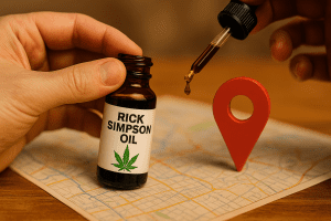Close-up of a hand dispensing Rick Simpson Oil onto a folded map next to a red location pin