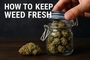 Hand closing a clamp-lid glass jar filled with cannabis buds; a single nug sits on the table beside the text “How to Keep Weed Fresh.”