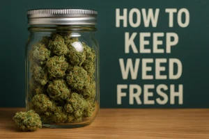 Mason jar packed with cannabis buds on a wooden table with the headline “How to Keep Weed Fresh” in the background.