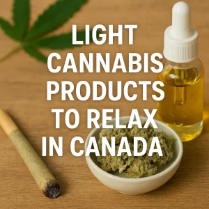 Pre-roll, small bowl of ground flower, and a dropper bottle of cannabis oil beside a leaf, headline reading “Light Cannabis Products to Relax in Canada.”