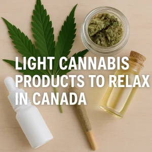Flat-lay of a cannabis leaf, glass jar of buds, pre-roll, and two dropper bottles on a wood table with the title “Light Cannabis Products to Relax in Canada.”