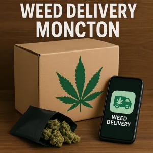Cardboard shipping box with a cannabis leaf logo, smartphone displaying a weed-delivery icon, and an open mylar pouch of flower on a wooden table, title “Weed Delivery Moncton.”