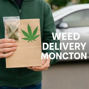 Person holding a plain paper bag with a green cannabis leaf and a sealed pouch of buds beside a parked car, text reads “Weed Delivery Moncton.”