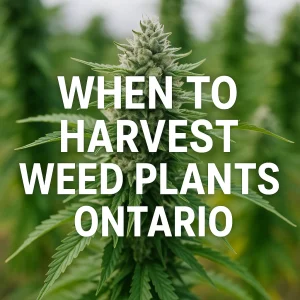 Close-up of a ripe outdoor cannabis cola with bold text reading “When to Harvest Weed Plants Ontario.”