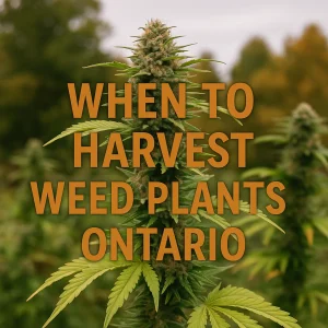 Outdoor cannabis plant against autumn trees with the title “When to Harvest Weed Plants Ontario.”