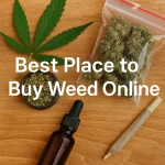 Overhead shot of a cannabis leaf, jar of ground flower, dropper bottle, rolled joint, and zip bag of buds on wood with the title “Best Place to Buy Weed Online.”