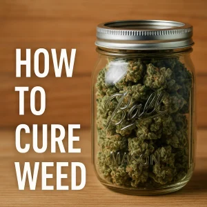 Mason jar packed with cured cannabis buds beside the headline “How to Cure Weed.”