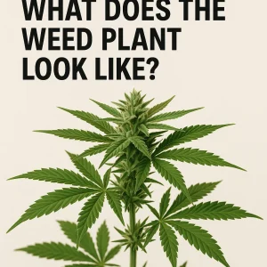 Mid-flower cannabis plant with serrated palmate leaves and a forming cola under the headline “What does the weed plant look like?”