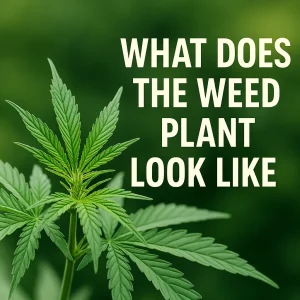 Bright green cannabis leaves in vegetative growth against a soft-focus outdoor background with the title “What does the weed plant look like.”