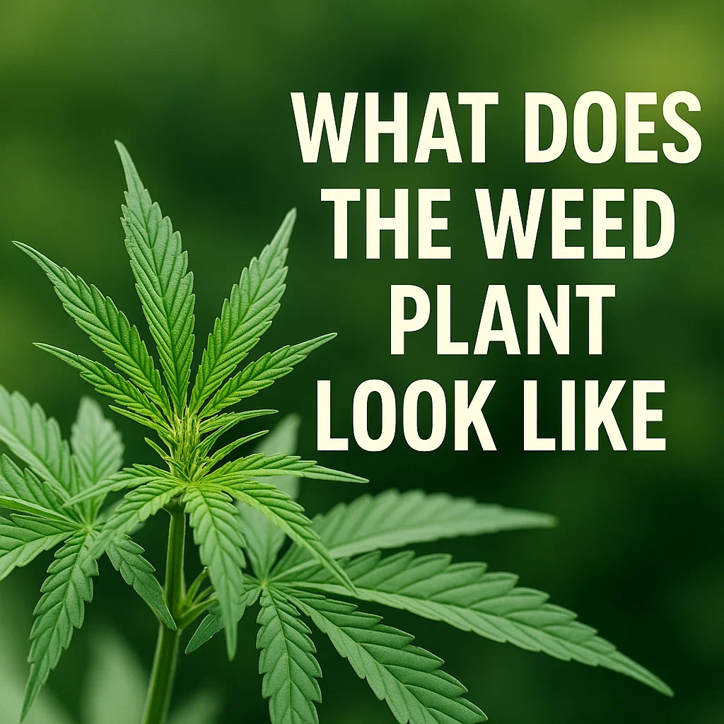 Bright green cannabis leaves in vegetative growth against a soft-focus outdoor background with the title “What does the weed plant look like.”