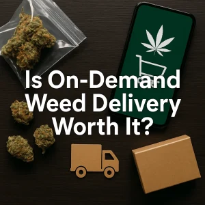 Cannabis buds, a smartphone with a cannabis cart icon, and delivery packaging on a dark background.