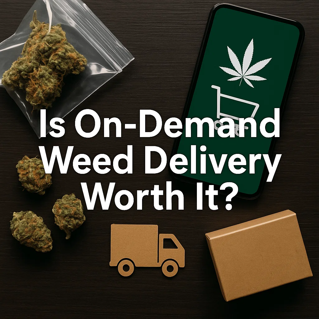 Cannabis buds, a smartphone with a cannabis cart icon, and delivery packaging on a dark background.