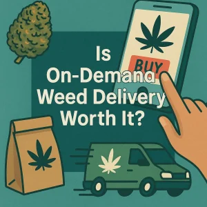 Hand pressing a cannabis buy button on a smartphone with a weed van, bud, and delivery bag graphics.