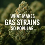 Close-up of a frosty gas cannabis bud with the text What Makes Gas Strains So Popular.