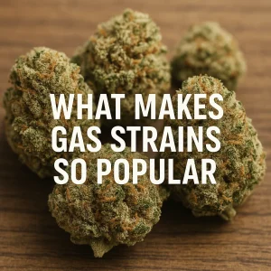 Several gas cannabis buds on a wooden surface with the text What Makes Gas Strains So Popular.