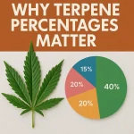 Cannabis leaf next to a terpene percentage pie chart with the text “Why Terpene Percentages Matter.”