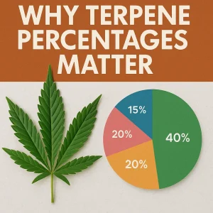 Cannabis leaf next to a terpene percentage pie chart with the text “Why Terpene Percentages Matter.”