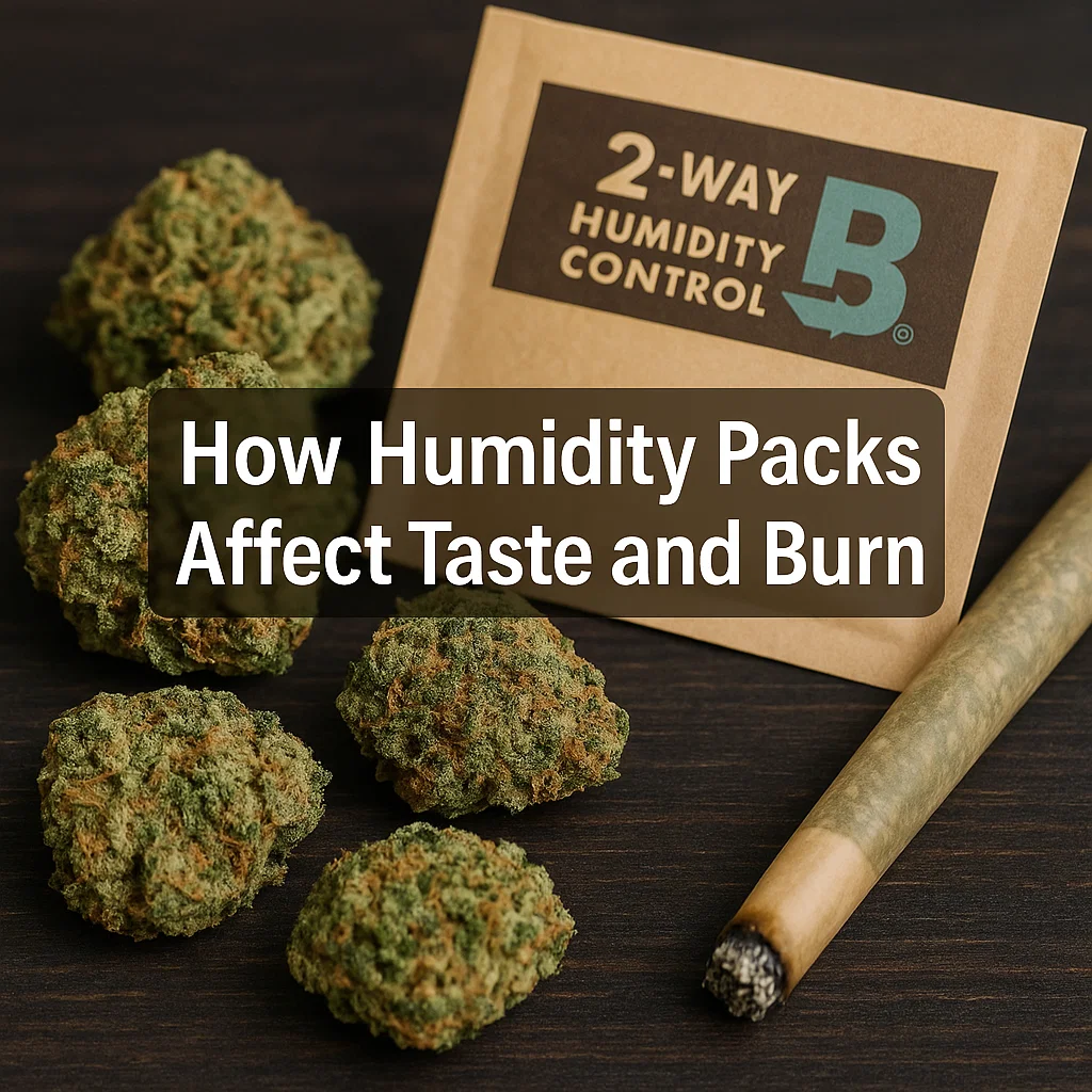 Humidity pack beside cannabis buds and a rolled joint on a dark table.