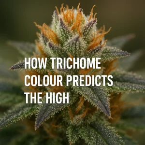 Macro close-up of cannabis trichomes with orange pistils, illustrating how trichome colour predicts potency and the type of high.
