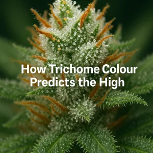 Close-up of cannabis trichomes glistening on a mature bud, demonstrating the stages of trichome development and how they relate to effects.