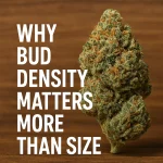 Dense cannabis bud standing upright on a wooden surface with the text “Why Bud Density Matters More Than Size.”