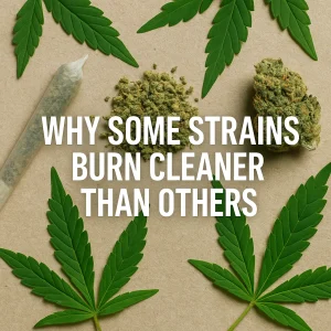 Cannabis buds, a rolled joint, and trimmed fan leaves arranged on a flat surface.