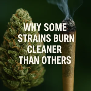 A cannabis bud next to a smoking joint with white ash forming at the tip.