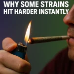 Person lighting a cannabis joint with a lighter, representing fast-hitting strains.